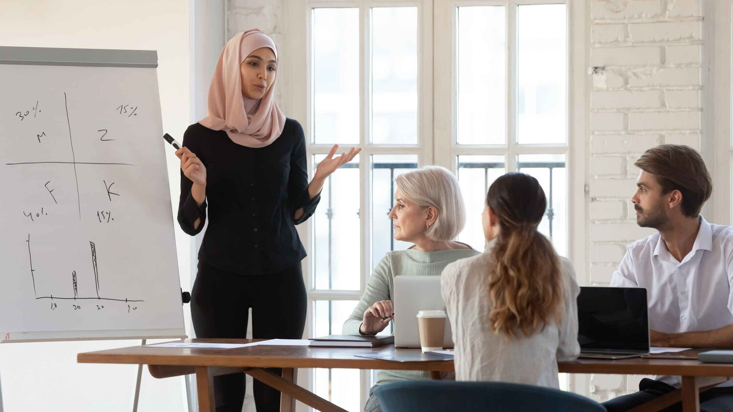Eine Frau steht im Business-Kontext vor einer Gruppe und hält eine Präsentation, einen Vortrag.