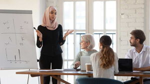 Ohne Vortragsangst vor Gruppen stehen und seine Ideen präsentieren. Eine Frau steht vor einer Businessgruppe und präsentiert ihre Ideen.