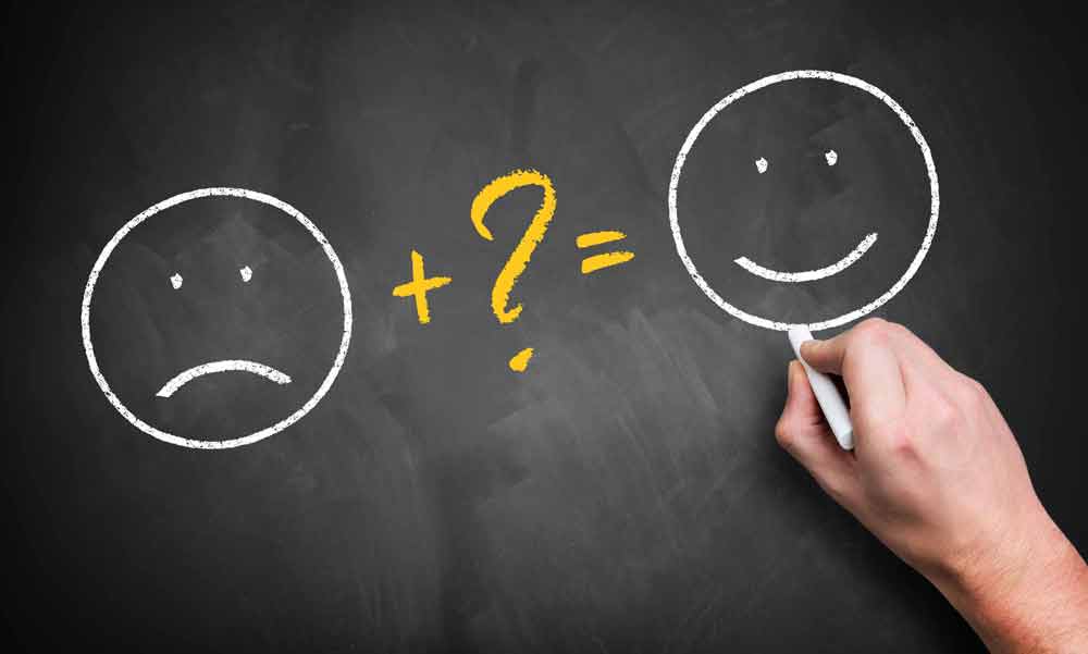 Auf einer Tafel ist ein Smiley mit hängenden Mundwinkeln gezeichnet. Dazu kommt ein Fragezeichen. Gemeinsam mit daraus ein lächelndes Smiley.
